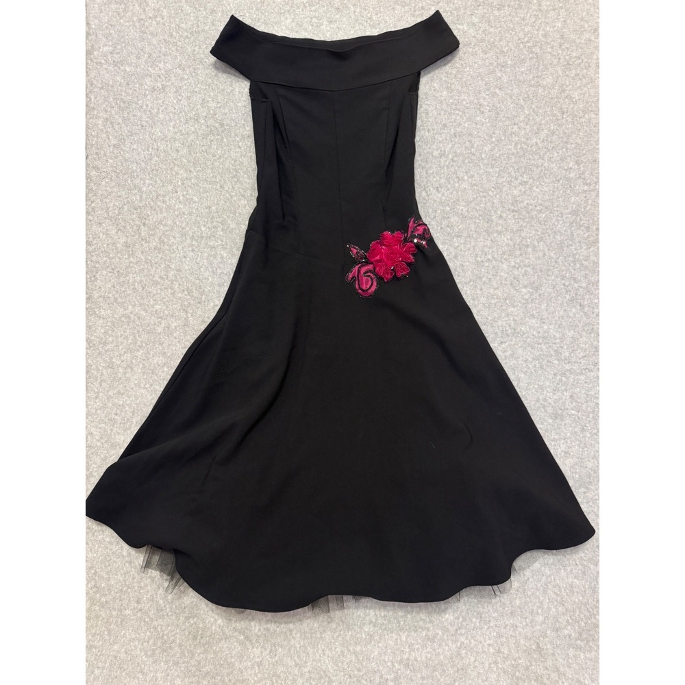 Y2K  Black Off Shoulder Cocktail Dress Pink Floral Size 5 Pinup Prom‎ Homecoming